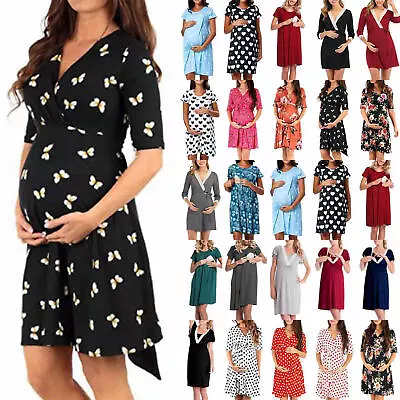 $24.31 • Buy Womens Pregnant Print Breastfeeding Nursing Sundress Maternity Midi Dress Casual