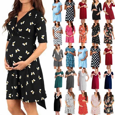 $24.31 • Buy Womens Pregnant Print Breastfeeding Nursing Sundress Maternity Midi Dress Casual