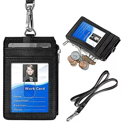 $9.20 • Buy Badge Holder Leather ID Card Wallet Neck Lanyard Strap License With Zipper RFID