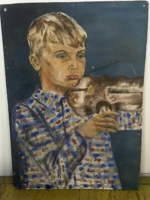 Vintage Oil Painting/ Portrait Of Sleepy Boy Playing Violin • $50