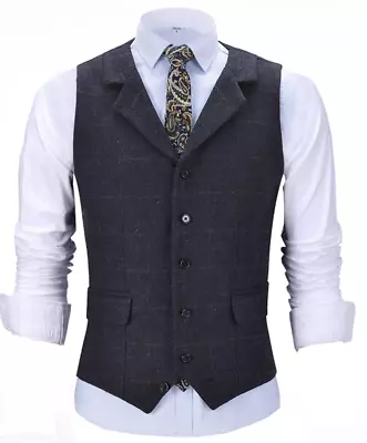 Mens Tweed Vest Vintage Retro Wool Windowpane Plaid Formal Vests M Large XL XXL • $19.99