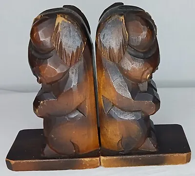 Antique Pair Signed Hand Carved Wooden Dogs Puppies Glass Eyes Book Ends  • $0.99