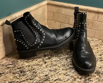 ZARA Women’s Size 39 8 Black Studded Moto Biker Chelsea Ankle Boots Booties • $19.99