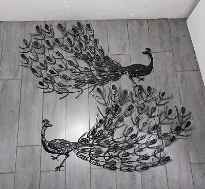 Vintage Set Of 2 Black Metal Peacock Wall Art Mid Century Modern Retro • $157.50