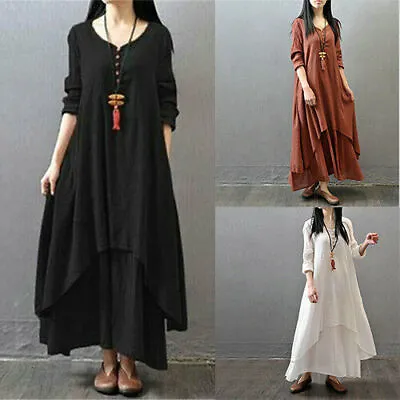 Boho Kaftan Linen Dress Maxi Womens Dress Long Cotton Casual Tunic Sleeve • $25.15