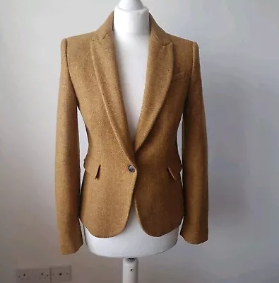 Zara 100% Wool Camel Tweed Hacking Equestrian Elbow Patch Blazer Jacket S Small  • £29.99