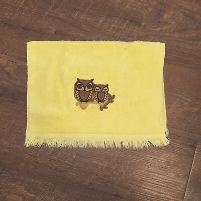 Vintage MARTEX Hand Towel Momma Baby OWLS  Bright Yellow Fringe 100% Cotton SOFT • $16.83