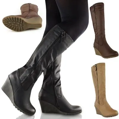 £26.99 • Buy Womens Ladies Wedge Heel Knee High Mid Calf Wide Leg Elastic Winter Biker Boots