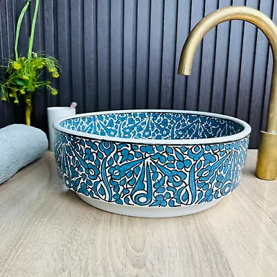 Dark Blue Bathroom Vessel Sink Moroccan Hand-painted Artisan Sink Wash Bassin • $205