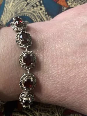 Beautiful Garnet/Marcasite Sterling Bracelet 7.5”  • $70.40