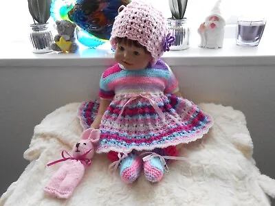 £15.99 • Buy Hand Knitted Pink Multi  Dress Set For Baby Girl 0-3mths/reborn 19-22  .*New*