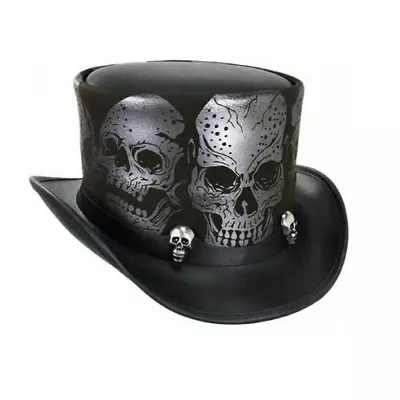 Skull Western Cowboy Leather Top Hat Steampunk Top HatGothic Top Hat Biker MC • $49.99