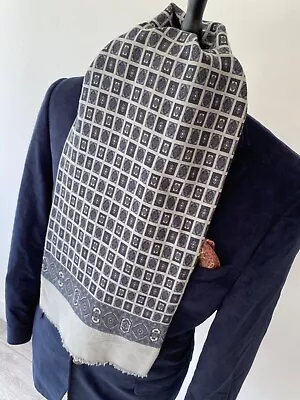 ACE VINTAGE Mens Indie/mod Grey Square Retro Pattern Pure Wool Long Scarf • £12.99