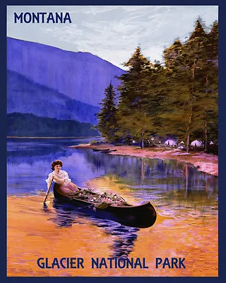 Glacier National Park Montana Lady Canoe USA Travel Vintage Poster Repo FREE S/H • $17.90