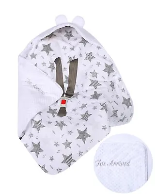 Soft Fleece Baby Car Seat Travel Blanket With A Hood White Stars 78 X 78 Cm • £9.99