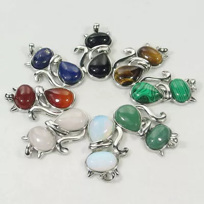 $2.89 • Buy Natural Gemstone Beads Cat Pendant Necklace Agate Opal Jasper Malachite Quartz
