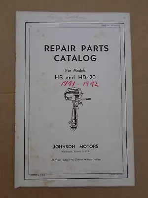 Vtg 1941-42 Johnson Outboard Boat Motor Parts CatalogModel HS & HD-20 2.5 Horse • $8.99