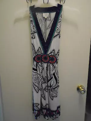 Eci New York Y2K  Boho Dress Sz XL Beaded  V Neck -Tie Back Jersey Black & White • $7.99