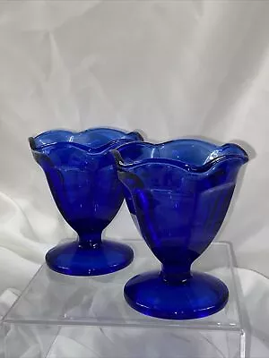 Vintage Anchor Hocking Cobalt Blue Footed Glass Dessert Bowls Set Of 2 • $14