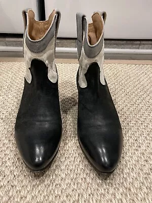 Moma Western Boots 39 ½ 40 Italy Black White Leather Hand Sewn • $100