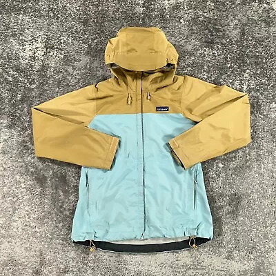 Patagonia Jacket Womens Small S Blue Tan Full Zip Hooded Torrentshell H2No Logo • $39.98