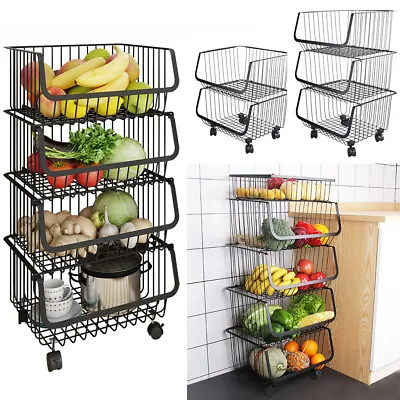 £29.95 • Buy Storage Stacking Wire Basket Stackable Shelves Vegetable Food Kitchen Rack Wheel