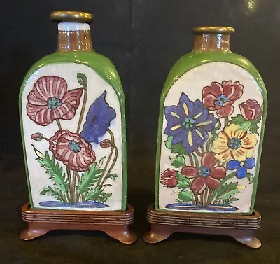 19th C. Antique Islamic Persian Qajar Bottles W/Stoppers Wood Bases Floral Jars • $495