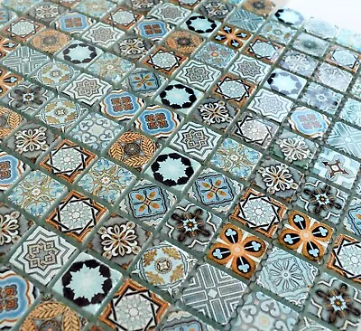 £1.75 • Buy CUT SAMPLE Vintage Platinum African Feature Pattern Blue Gold Glass Tile Mosaic