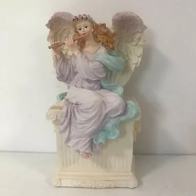 Seraphim Classics Angel Playing A Flute Music Box 6.25  Tall Figurine Resin Blue • $19.99
