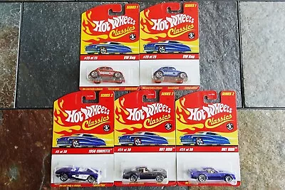 Lot Of 5 Hot Wheels Classics (VW Bug X 2 Vette Firebird X 2) MOC 2004 • $25