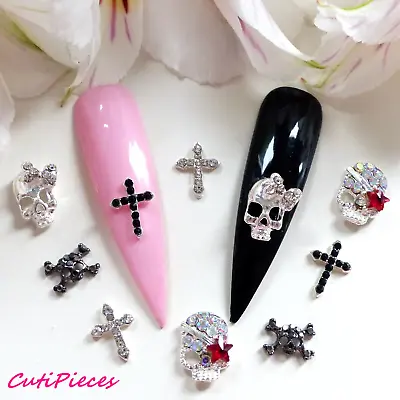 3D Nail Art Silver Black *Rhinestones Skulls & Crosses* Steam Punk Metal Alloys  • $4.91