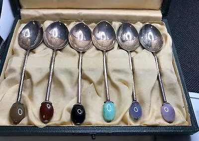 Cased Set Of Solid Silver Coffe Spoons Liberty & Co. 1926 Hardstones Finals. • £180.71