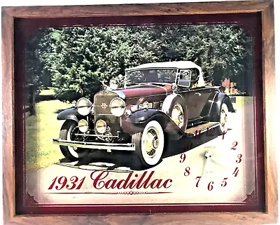 VTG Cadillac 1931 Antique Car Clock Wood Shadow Box Advertising Sign Clock Works • $34.97