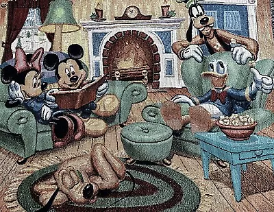 Disney World Woven Tapestry Throw Blanket 60  Mickey Minnie Pluto Fireplace NICE • $19.87