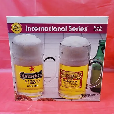 2 NIB Vintage Heineken International Red Star Beer Glass Mug 8” Stein Tankard 1L • $45