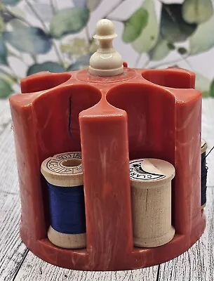 Vintage Red Marbled Sewing Thread Spool Holder & 6 Wooden Spools MCM Bakelite ? • $15.99
