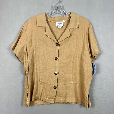 Hot Cotton By Marc Ware Linen Top Womens Medium Petite Brown Buttons ShortSleeve • $22.42