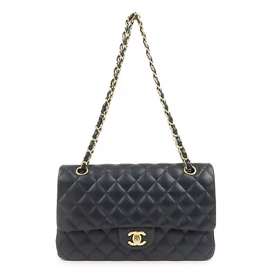 Authentic CHANEL Lamb Skin Matelasse 25 Double Flap Bag Black A01112 Used F/S • $10812