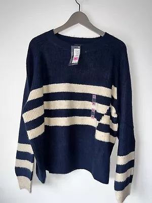M&S Womens Ribbed Stripe Crew Neck Relaxed Jumper XLarge 20 22 Navy Nautical • £17.99