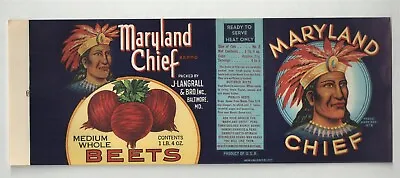 VINTAGE MARYLAND CHIEF BEETS { INDIAN GRAPHIC } UNUSED CAN LABEL LARGE 4.5 X11  • $4