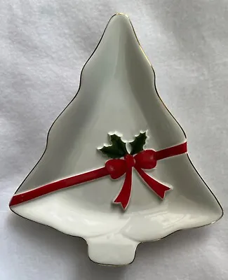 Mount Clemens Pottery Christmas Tree Shape Red Ribbon Green Holly Leaf Dish • $10