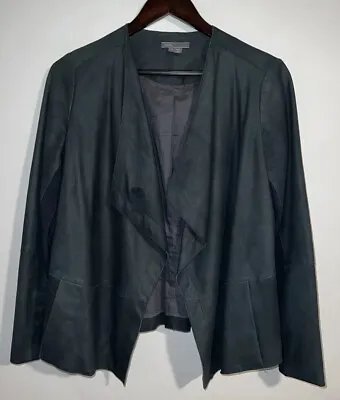 Vince Leather Draped Open Front Dark Navy Blue Moto Jacket Size Small • $99