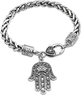 Gilieyer Hamsa Hand Of Fatima Silver Bracelet Evil Eye Protection Silver Tone • £20.18