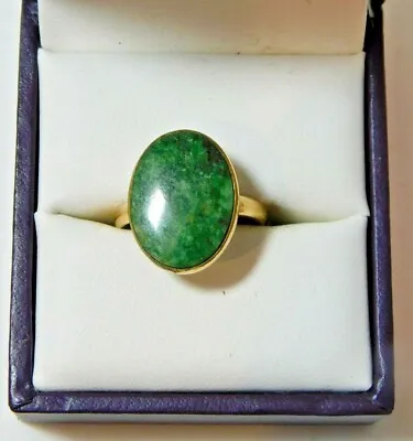 Vintage Yellow Gold Filled Flat Cab Green Jade Moss Agate Stone Adjustable Ring • $71.99