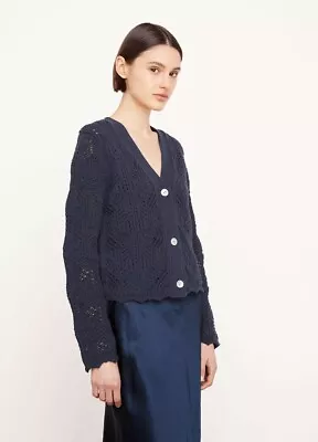 NWT $365 VINCE Navy Open Crochet Lace Stitch Scalloped Knit Cardigan Sweater XS • $75