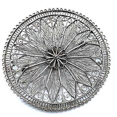 Antique Signed Made In Palestine Silver 900 Bezalel Filigree Round Floral Brooch • $85