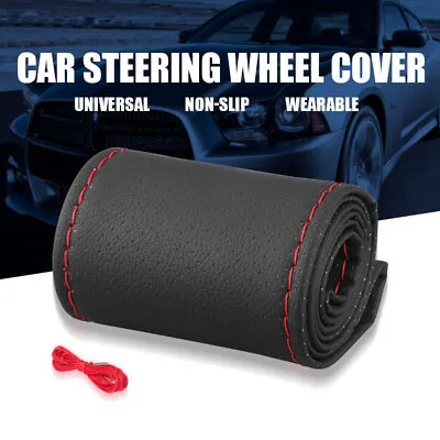 Universal Car Steering Wheel Cover Needle Thread AntiSlip Leather Black/Red 38cm • $5.39