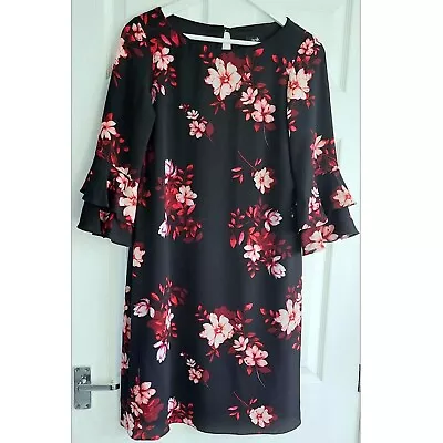 Black Dress With Red Floral Pattern From Wallis SIZE 10 Ruffle Flutter Sleeve • £4.99