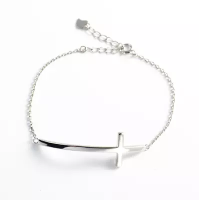 S925 Sterling Silver Concise Sideways Cross Bent Bracelet 7.5inch Women Gift PE3 • $19.75