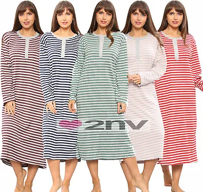 Ladies Thermal Nightie Long Sleeve STRIPE WINTER WARM Long Night Dress Nightwear • £14.95